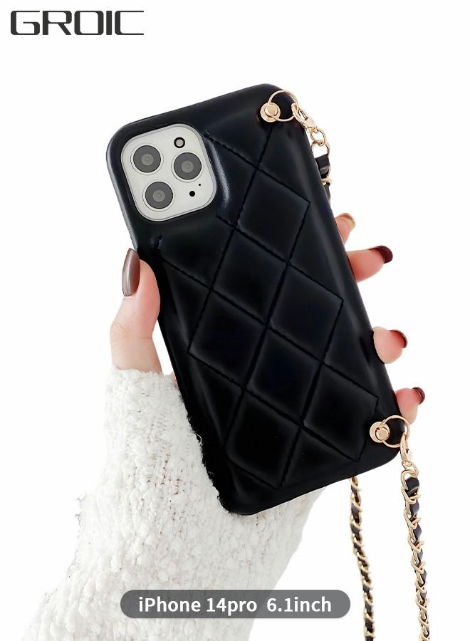 GROIC Case for IPhone 14 Pro 6.1 Inch Phone Cover Crossbody Chain Strap Case, Quilted Leather Luxury Shell for Women, Removable Crossbody Strap Shockproof Diamond Lattice Design - Image 1