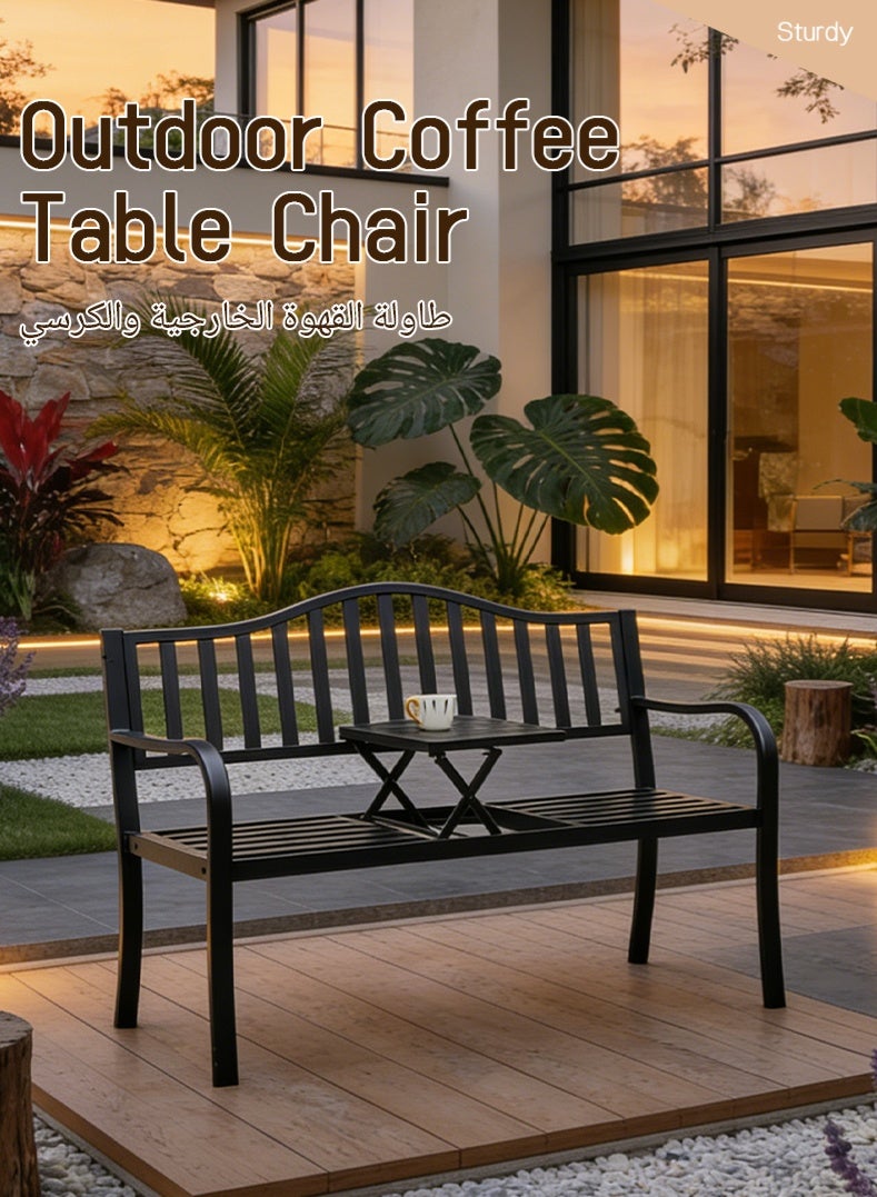 Black Outdoor Metal Bench with Adjustable Coffee Table , High Load Capacity & Multi - Scenario Use(200KG Load, Carbon Steel) - Image 5
