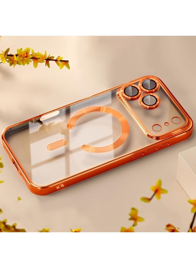 aeen iPhone 17 Pro Max Magnetic Phone Case – Orange Electroplated Transparent Soft Case, Wireless Charging Compatible, Shockproof with Camera Lens Protection - Image 1