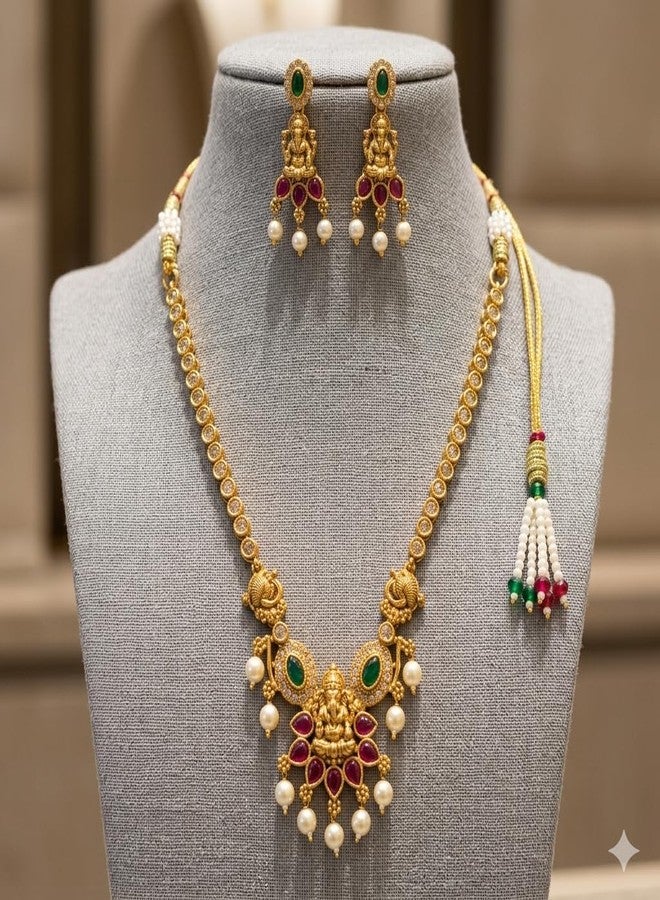 AAIKU Traditional Gold-Plated Temple Choker Necklace Set with Ganpati Pendant & Matching Earrings | AD Stone Antique Finish with Green & Ruby Stones, Pearls & Tassel Dori for Women - Image 3