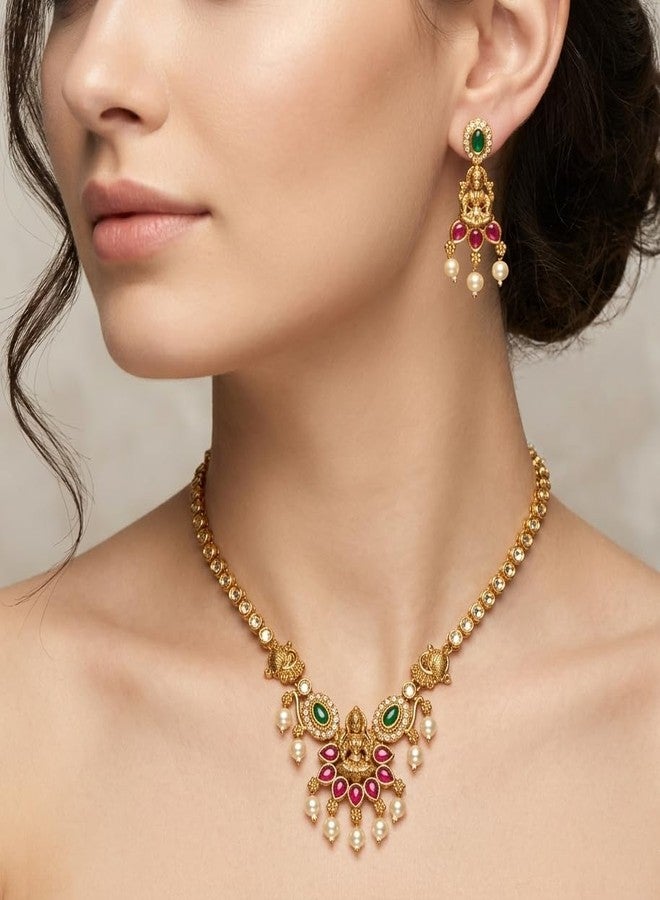 AAIKU Traditional Gold-Plated Temple Choker Necklace Set with Ganpati Pendant & Matching Earrings | AD Stone Antique Finish with Green & Ruby Stones, Pearls & Tassel Dori for Women - Image 2