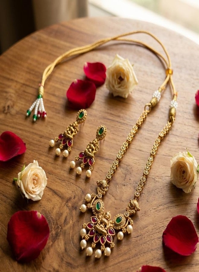 AAIKU Traditional Gold-Plated Temple Choker Necklace Set with Ganpati Pendant & Matching Earrings | AD Stone Antique Finish with Green & Ruby Stones, Pearls & Tassel Dori for Women - Image 4