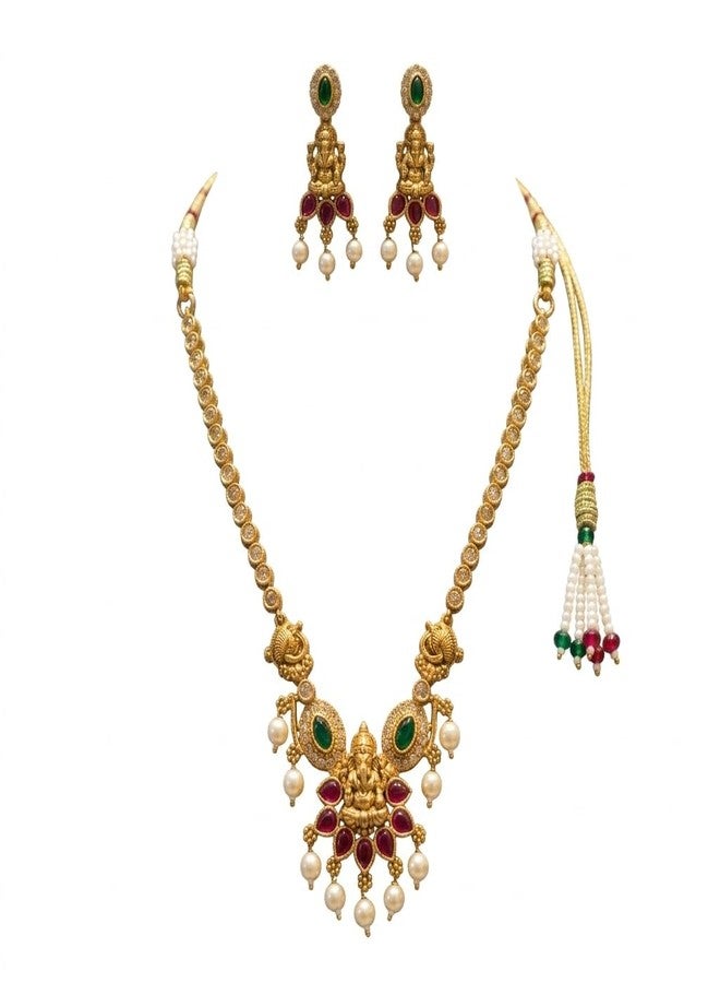 AAIKU Traditional Gold-Plated Temple Choker Necklace Set with Ganpati Pendant & Matching Earrings | AD Stone Antique Finish with Green & Ruby Stones, Pearls & Tassel Dori for Women - Image 1