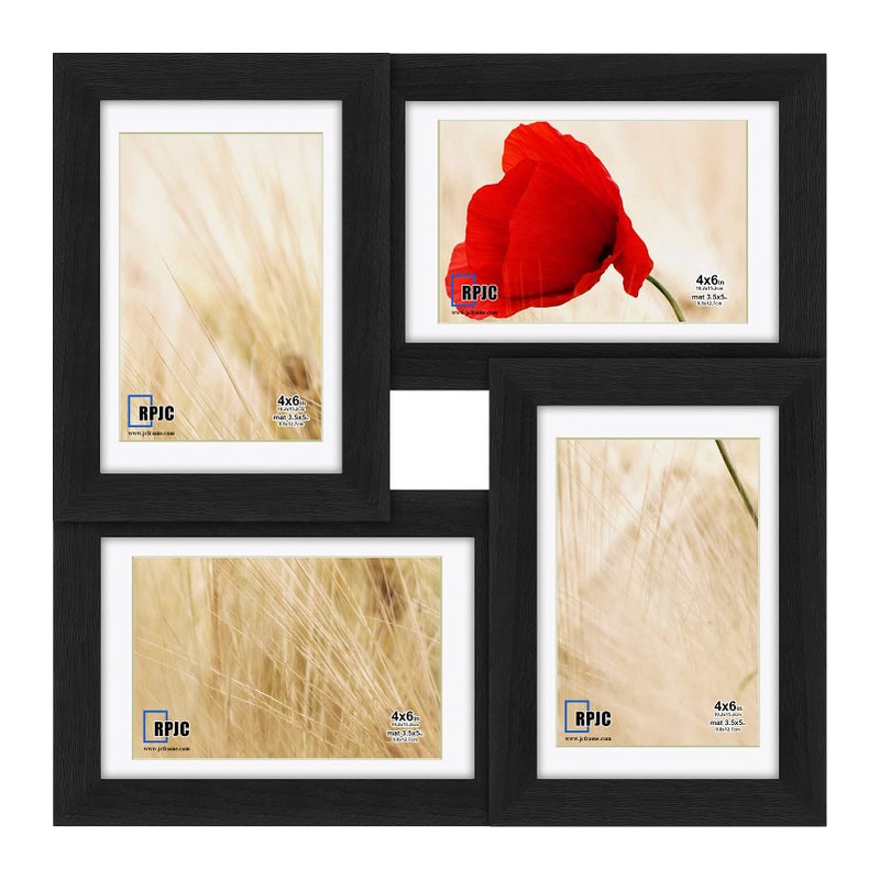 RPJC RPJC 4x6 Solid Wood Collage Picture Frame with High Definition Glass Display 4opening Family Multi Photo Frames for Wall Hanging Black