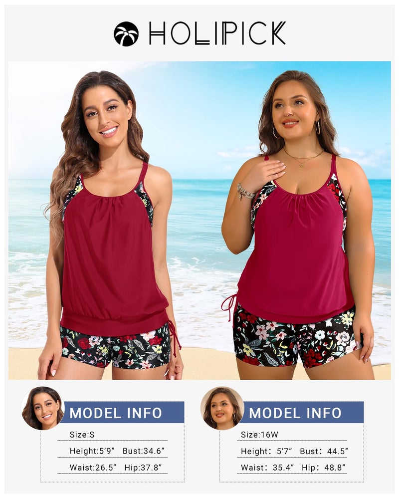 Holipick Red Flower Blouson Tankini Swimsuits for Women - Two Piece Tummy Control Bathing Suit with Shorts Modest Swimwear M - Image 5