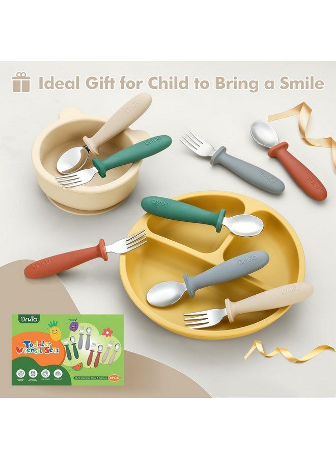 DRKIO 8 Pieces Toddler Utensils Set - Kids Silverware Set with Silicone Handle Children Safe 18/8 Stainless Steel Forks and Spoons Anti-Choke Design Food Grade Dishwasher Safe - Image 5