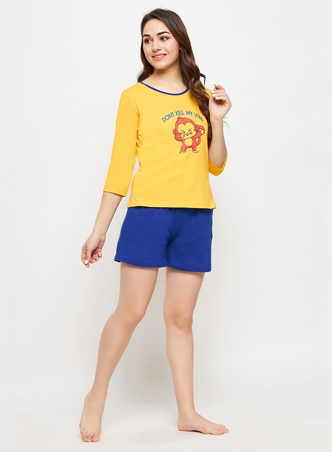 Clovia Print Me Pretty Top in Yellow & Chic Basic Shorts in Royal Blue - 100% Cotton - Image 1