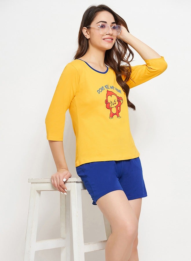 Clovia Print Me Pretty Top in Yellow & Chic Basic Shorts in Royal Blue - 100% Cotton - Image 2