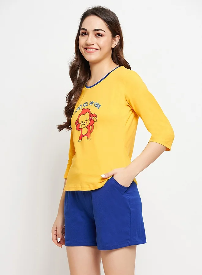 Clovia Clovia Print Me Pretty Top in Yellow & Chic Basic Shorts in Royal Blue - 100% Cotton