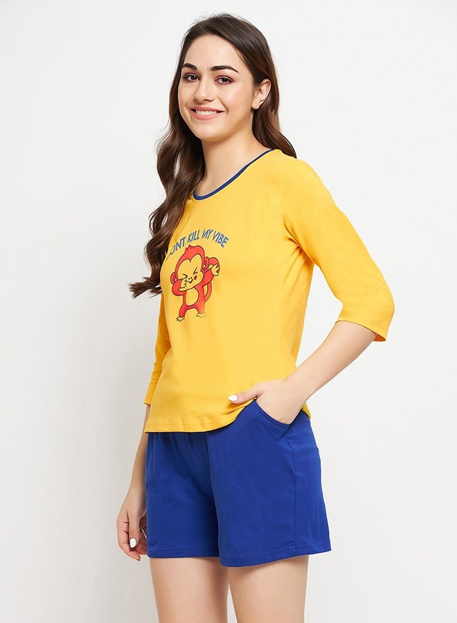 Clovia Print Me Pretty Top in Yellow & Chic Basic Shorts in Royal Blue - 100% Cotton - Image 4