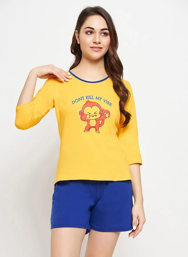 Clovia Clovia Print Me Pretty Top in Yellow & Chic Basic Shorts in Royal Blue - 100% Cotton