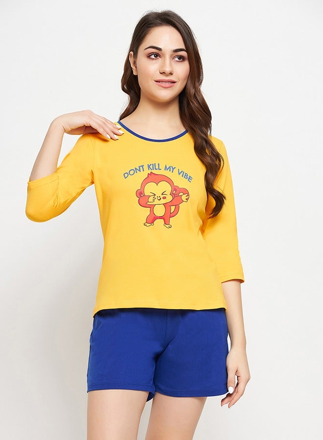 Clovia Print Me Pretty Top in Yellow & Chic Basic Shorts in Royal Blue - 100% Cotton - Image 3