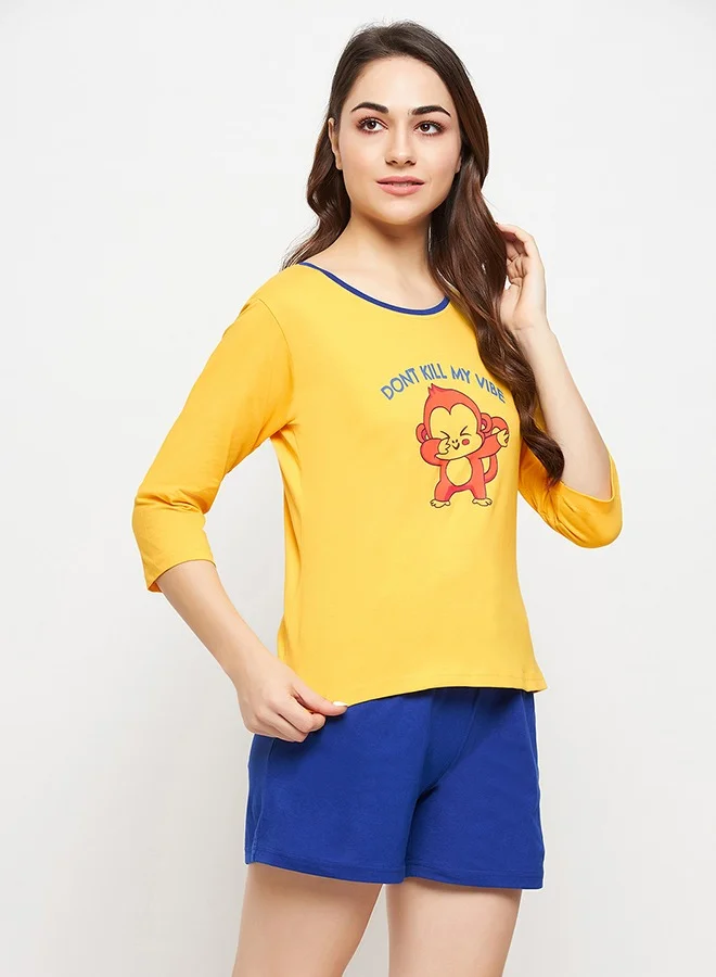 Clovia Clovia Print Me Pretty Top in Yellow & Chic Basic Shorts in Royal Blue - 100% Cotton
