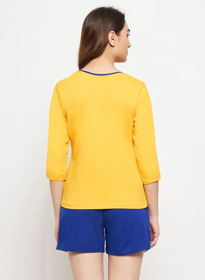 Clovia Clovia Print Me Pretty Top in Yellow & Chic Basic Shorts in Royal Blue - 100% Cotton