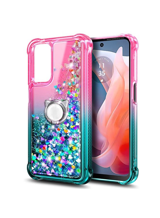 WDHD Compatible with Motorola Moto G-Play-2024 Case Pink/Aqua | Glitter Bling Sparkly Floating Liquid Cute Phone Cover with Tempered Glass Screen Protector/Ring Holder/Diamond Wrist Strap Lanyard - Image 3
