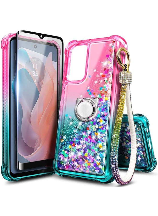 WDHD Compatible with Motorola Moto G-Play-2024 Case Pink/Aqua | Glitter Bling Sparkly Floating Liquid Cute Phone Cover with Tempered Glass Screen Protector/Ring Holder/Diamond Wrist Strap Lanyard - Image 1