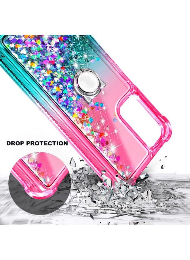 WDHD Compatible with Motorola Moto G-Play-2024 Case Pink/Aqua | Glitter Bling Sparkly Floating Liquid Cute Phone Cover with Tempered Glass Screen Protector/Ring Holder/Diamond Wrist Strap Lanyard - Image 4