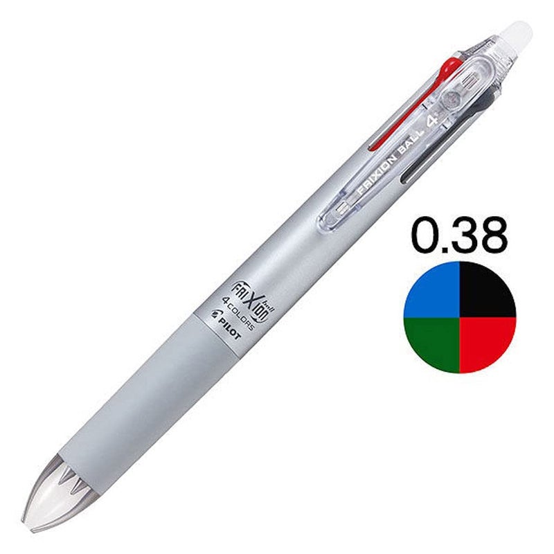 Pilot Ballpoint Pen, Frixion Ball 4, 0.38mm Ultra Fine, 4 Colors (Black, Red, Blue and Green), Gradation Silver Body (PLKFB80UF-GRS) - Image 2