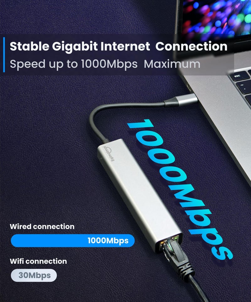 eqimaimai USB-C Ethernet Adapter with 100W Charging Port & Multiport Hub - Gigabit Ethernet Adapter, 5GB USB 3.0, SD/FT for Laptops, MacBooks, Chromebooks & More - Image 3