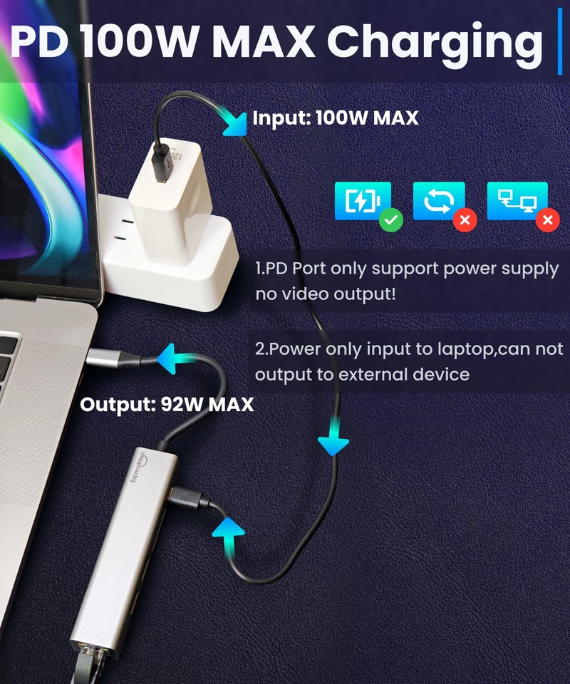 eqimaimai USB-C Ethernet Adapter with 100W Charging Port & Multiport Hub - Gigabit Ethernet Adapter, 5GB USB 3.0, SD/FT for Laptops, MacBooks, Chromebooks & More - Image 4