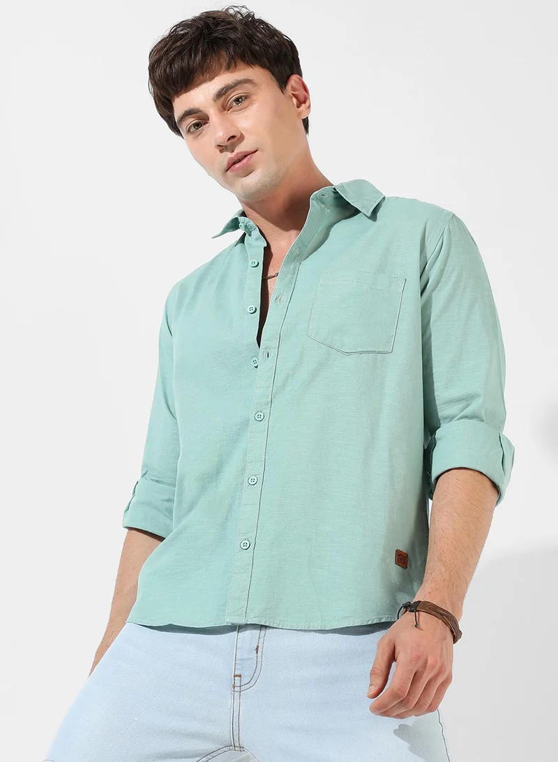 Campus Sutra Men's Solid Aqua Green Regular Fit Casual Shirt