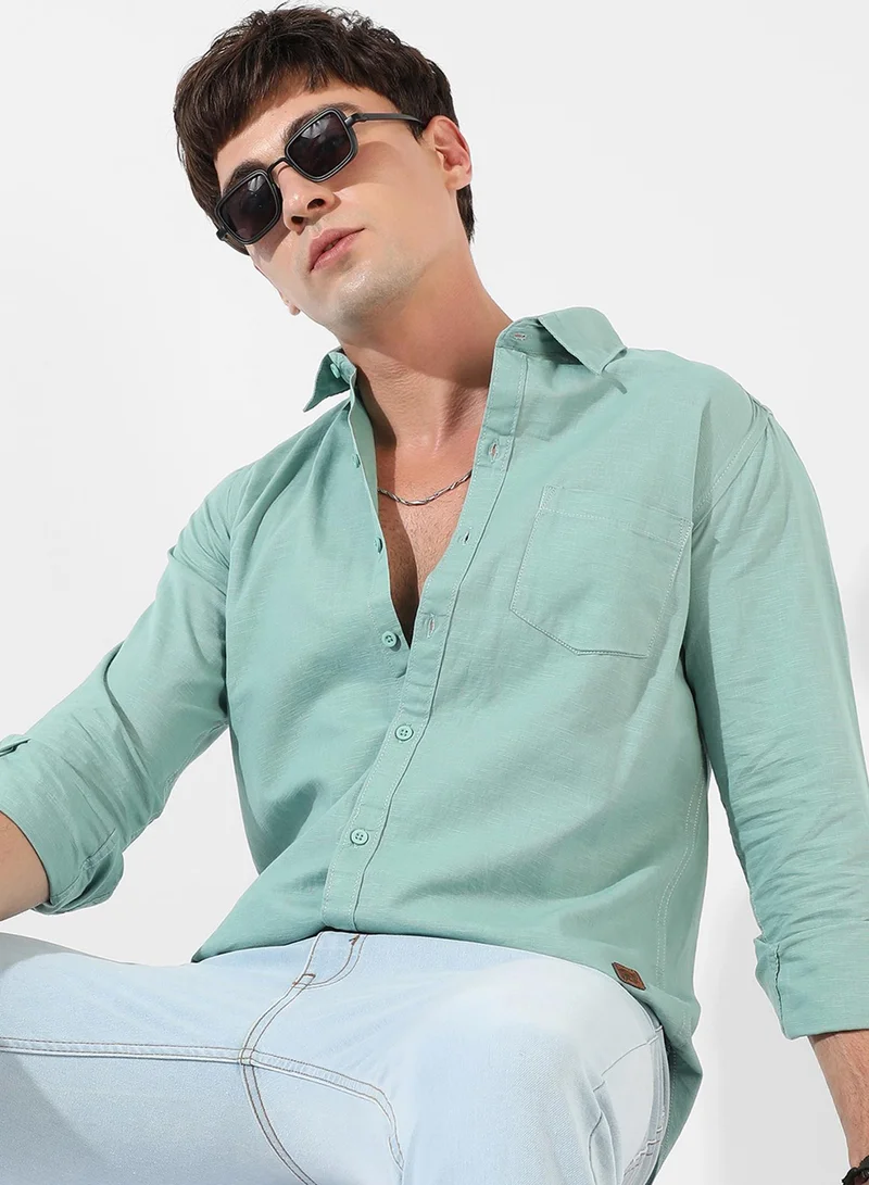 Campus Sutra Men's Solid Aqua Green Regular Fit Casual Shirt