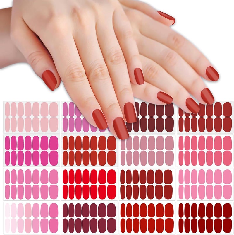 SILPECWEE 16 Sheets Pink Red Nail Polish Stickers Full Nail Wraps for Women Stick on Nail Polish Strips Gel Nail Strips Solid Color Self Adhesive Fingernail Manicure Design with Nail File