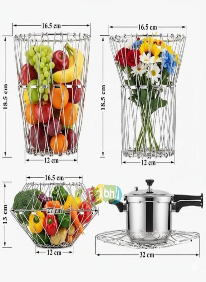 Faibhi Multipurpose Stainless Steel Foldable Fruit & Vegetable Basket - Flexible 8-Shape Folding Wire Bowl for Kitchen, Dining Table, Home, Office & Modern Décor - Image 5