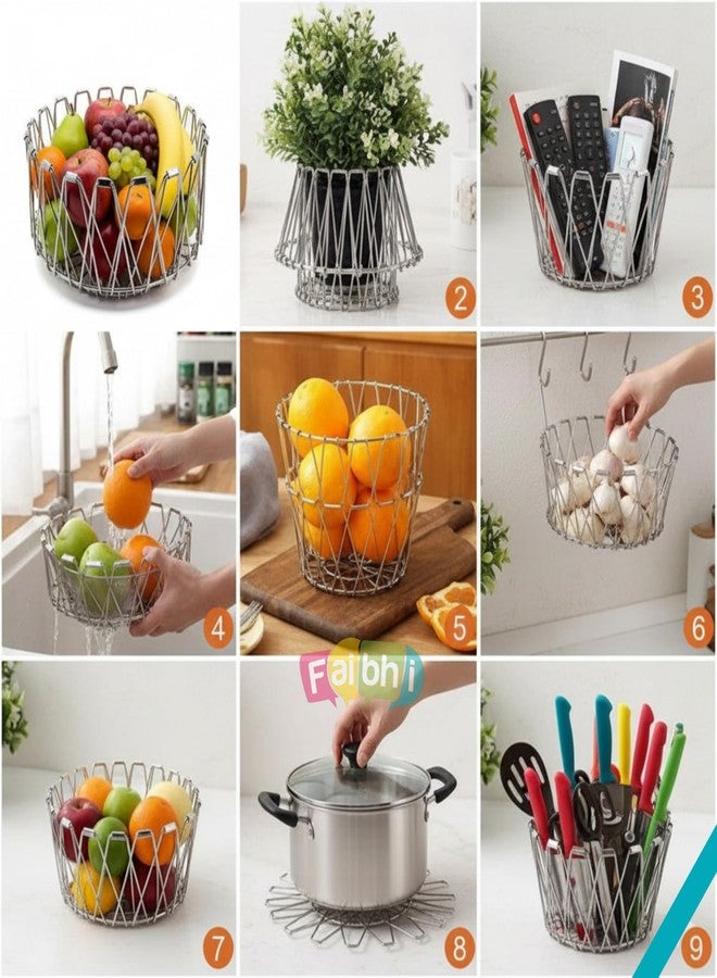 Faibhi Multipurpose Stainless Steel Foldable Fruit & Vegetable Basket - Flexible 8-Shape Folding Wire Bowl for Kitchen, Dining Table, Home, Office & Modern Décor - Image 2