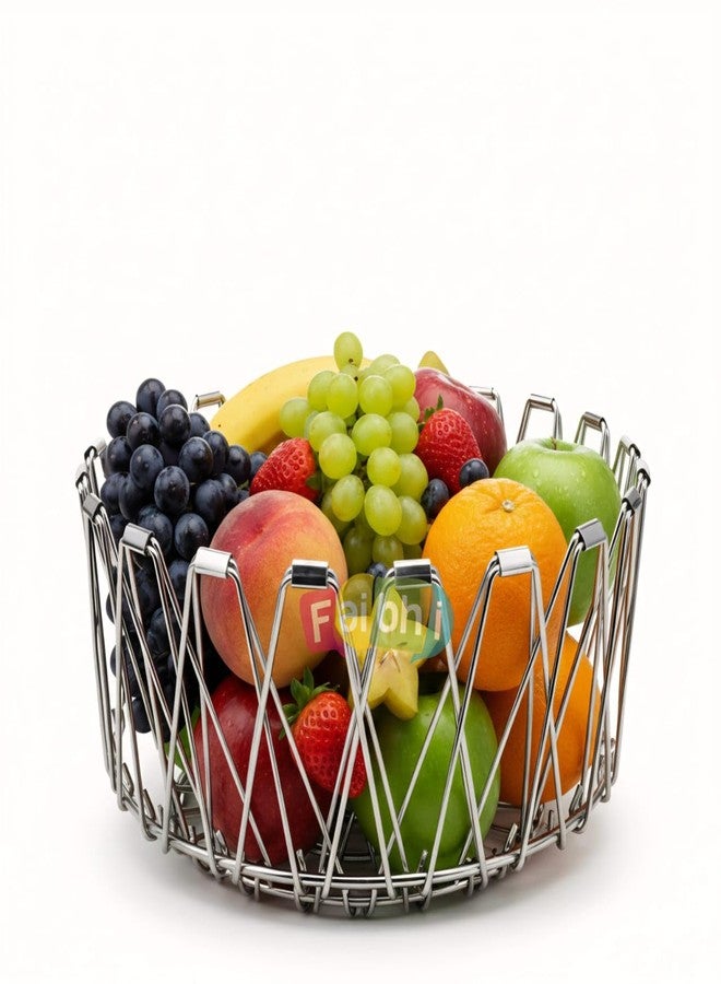 Faibhi Multipurpose Stainless Steel Foldable Fruit & Vegetable Basket - Flexible 8-Shape Folding Wire Bowl for Kitchen, Dining Table, Home, Office & Modern Décor - Image 1