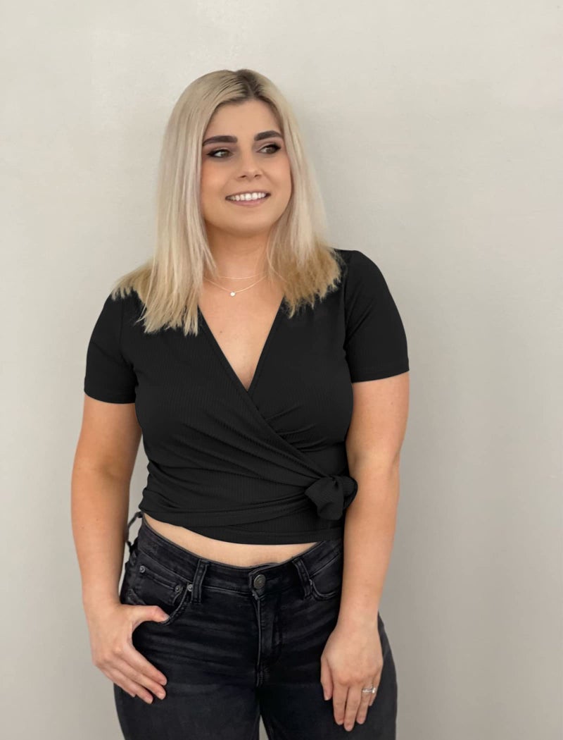 Glanzition Crop Tops for Women Beach Vacation Clothes Deep V Neck Shirts Cute Going Out Tie Front Top Sexy Black L - Image 2