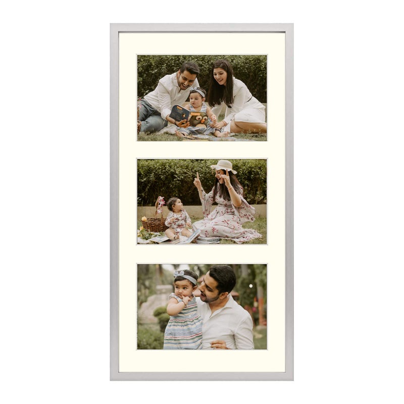 Frametory Frametory  7x14 Aluminum Collage Picture Frame  Display 4x6 Pictures with 3 Openings Mat  Real Glass Front  HorizontalVertical Wall Mount  Silver 1 Pack 