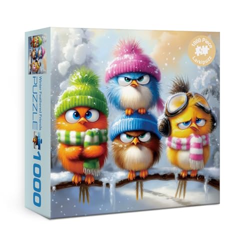 Larkipuzz Funny Bird Winter Puzzles for Adults 1000 Pieces Colorful Animal Snow Jigsaw Puzzle Challenging Cute Art Puzzles - Image 1