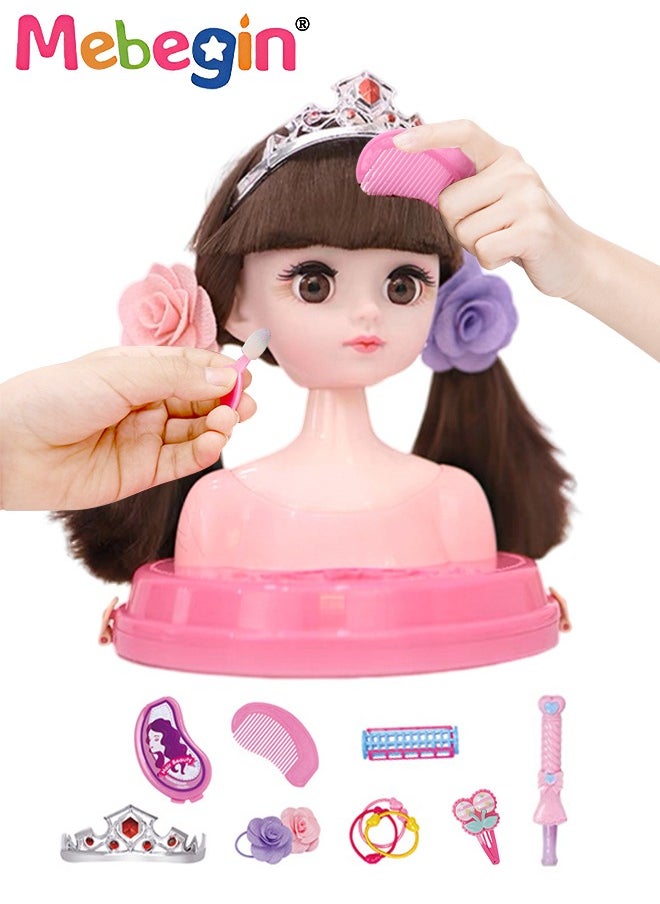 MEBEGIN Makeup and Hair Styling Doll Head Toy Kit,Kids Pretend Play Set with Mirror Comb Crown and Style Accessories for Ages 3 Up Little Girls Birthday Gift,Doll Head for Hair Styling  - Image 1