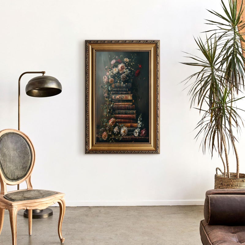 ASTRDECOR Framed Vintage Floral Wall Art - Moody Flowers Books Art Oil Painting, Vintage Wildflowers Dark Academia Floral Gallery Wall Decor Picture, Rustic Country Canvas Decor for Living Room Office 20''x30'' - Image 5