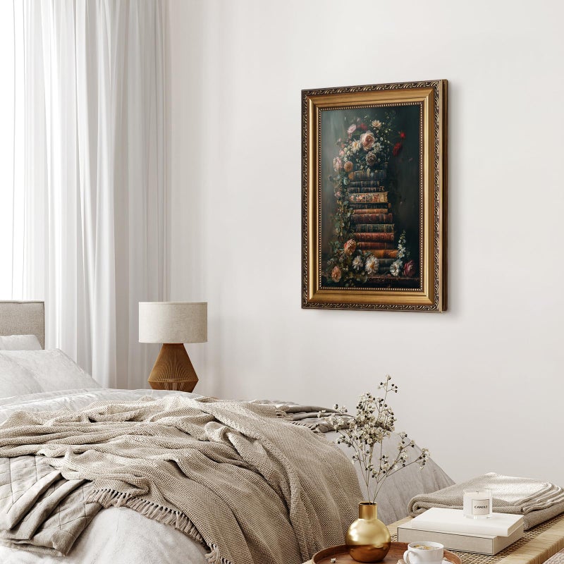 ASTRDECOR Framed Vintage Floral Wall Art - Moody Flowers Books Art Oil Painting, Vintage Wildflowers Dark Academia Floral Gallery Wall Decor Picture, Rustic Country Canvas Decor for Living Room Office 20''x30'' - Image 4