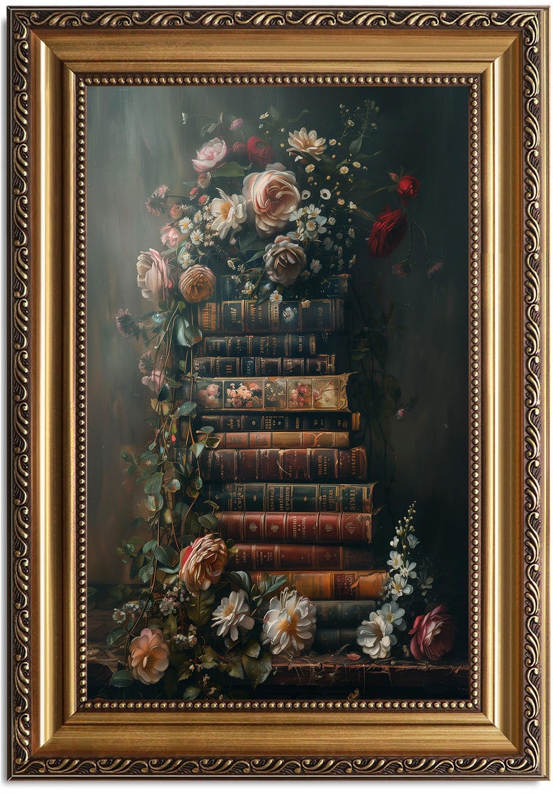 ASTRDECOR Framed Vintage Floral Wall Art - Moody Flowers Books Art Oil Painting, Vintage Wildflowers Dark Academia Floral Gallery Wall Decor Picture, Rustic Country Canvas Decor for Living Room Office 20''x30'' - Image 1