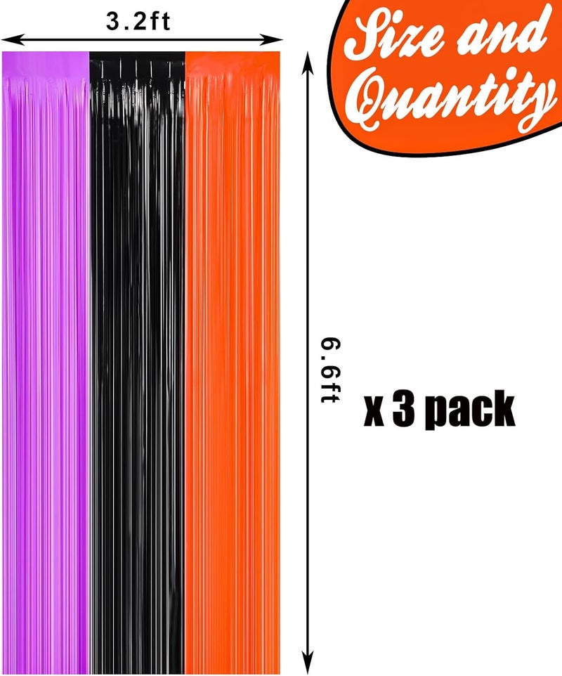 FOIMAS 3 Pack Halloween Tinsel Foil Fringe Curtain,3.3x6.6ft Black Orange Purple Tinsel Fringe Streamers Photo Booth Prop for Halloween Party Decoration Back Drop - Image 2