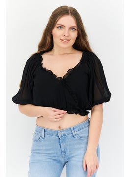 1 State Women V Neck Short Sleeve Solid Top, Black  - Image 1