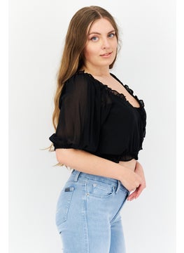 1 State Women V Neck Short Sleeve Solid Top, Black  - Image 3
