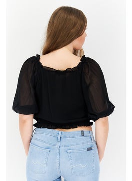 1 State Women V Neck Short Sleeve Solid Top, Black  - Image 2