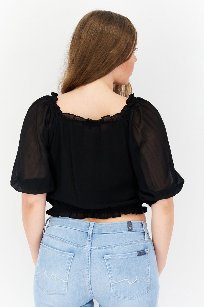 1 State Women V Neck Short Sleeve Solid Top, Black - Image 2