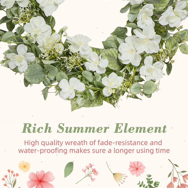 YNYLCHMX 18" Spring Summer Wreaths for Front Door, Artificial Floral Wreath with White Rose Flowers Green Eucalyptus Leaves, Green Foliage Wreath for Wall Window Farmhouse Party Holiday Home Decor - Image 5
