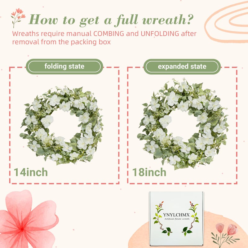 YNYLCHMX 18" Spring Summer Wreaths for Front Door, Artificial Floral Wreath with White Rose Flowers Green Eucalyptus Leaves, Green Foliage Wreath for Wall Window Farmhouse Party Holiday Home Decor - Image 3