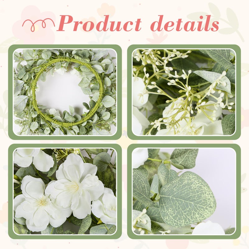 YNYLCHMX 18" Spring Summer Wreaths for Front Door, Artificial Floral Wreath with White Rose Flowers Green Eucalyptus Leaves, Green Foliage Wreath for Wall Window Farmhouse Party Holiday Home Decor - Image 4