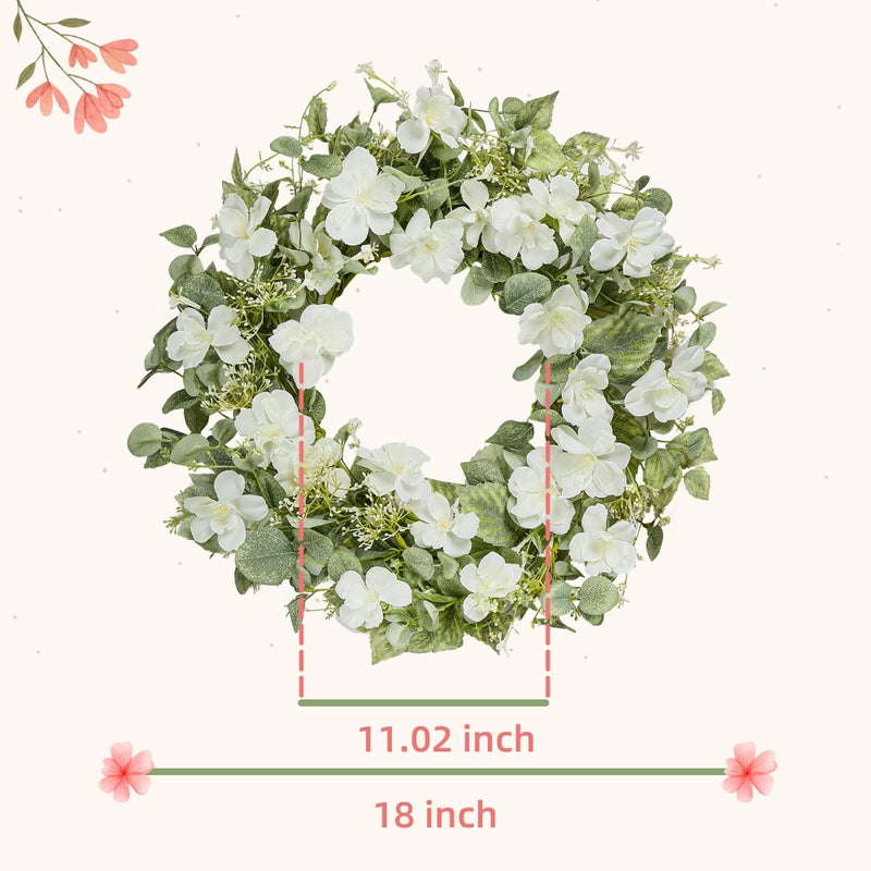 YNYLCHMX 18" Spring Summer Wreaths for Front Door, Artificial Floral Wreath with White Rose Flowers Green Eucalyptus Leaves, Green Foliage Wreath for Wall Window Farmhouse Party Holiday Home Decor - Image 2