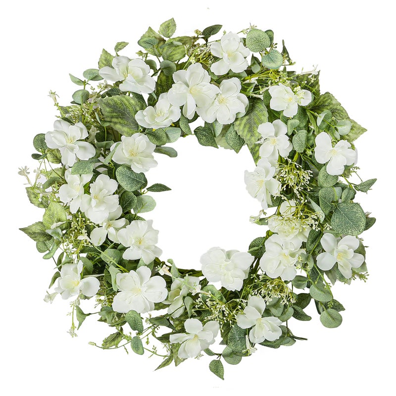 YNYLCHMX 18" Spring Summer Wreaths for Front Door, Artificial Floral Wreath with White Rose Flowers Green Eucalyptus Leaves, Green Foliage Wreath for Wall Window Farmhouse Party Holiday Home Decor - Image 1