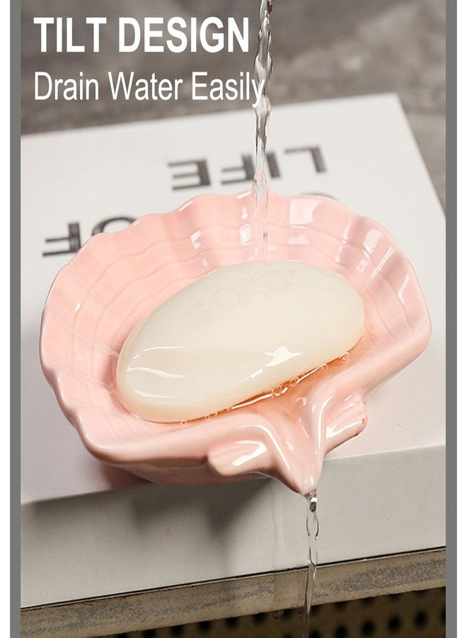 VBANU Ceramic Soap Holder, Shell-shaped Soap Tray with Self Draining, Bathroom Soap Saver, Small Cute and Elegant Plate for Home Decoration, Easy Cleaning, (Pink) - Image 2