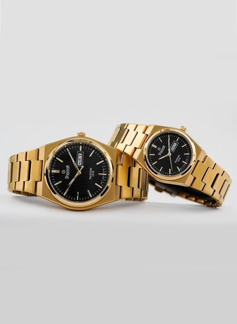 Sveston Paxton 1978 Luxury Pair Watch Set | Matching Gold-Tone Men’s and Women’s Watches | Textured Black Dial with Day-Date Display & Japanese Movement - Image 2