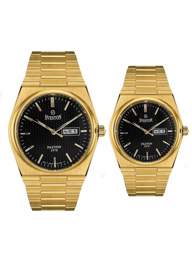 Sveston Paxton 1978 Luxury Pair Watch Set | Matching Gold-Tone Men’s and Women’s Watches | Textured Black Dial with Day-Date Display & Japanese Movement - Image 1